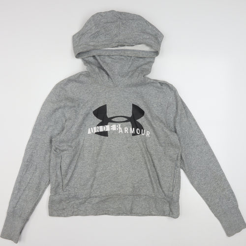 Under Armour Women Grey Pullover Hoodie Medium Logo Print Cotton Blend
