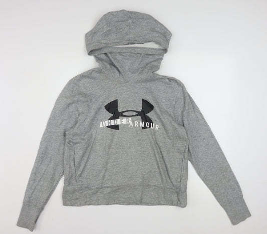 Under Armour Women Grey Pullover Hoodie Medium Logo Print Cotton Blend