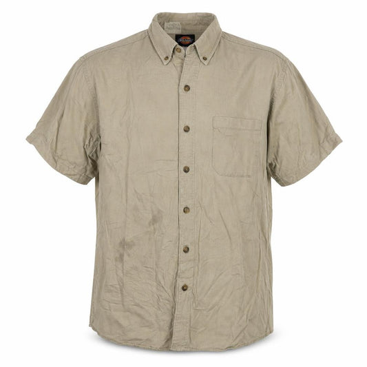Front view of Dickies Men's Beige XL Button-Up Short Sleeve Cotton Shirt