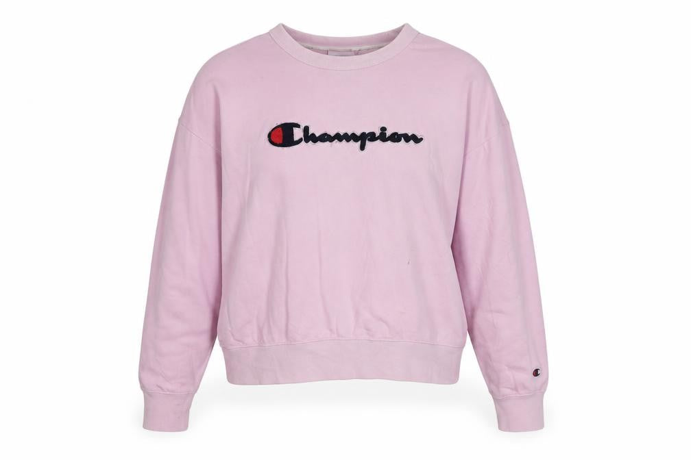 Front view of Champion women’s pink small pullover sweatshirt cotton logo casual