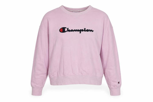 Front view of Champion women’s pink small pullover sweatshirt cotton logo casual