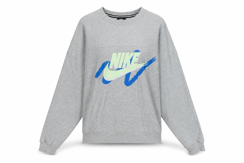Front view of Nike Women’s Grey Graphic Pullover Sweatshirt Small Relaxed Fit