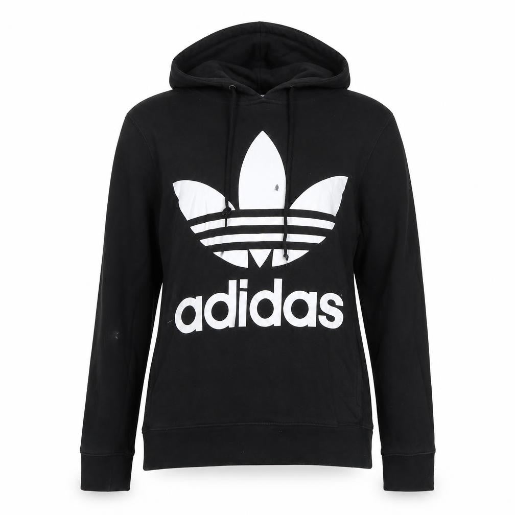 Front view of Adidas women’s black hoodie, size UK 10, pullover hooded sweatshirt