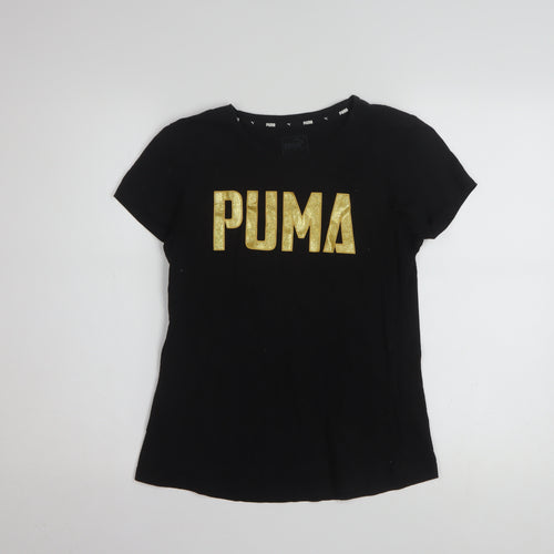 Puma Womens Black Gold Logo T-Shirt Small Short Sleeve Cotton