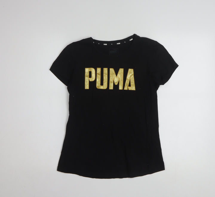 Puma Womens Black Gold Logo T-Shirt Small Short Sleeve Cotton