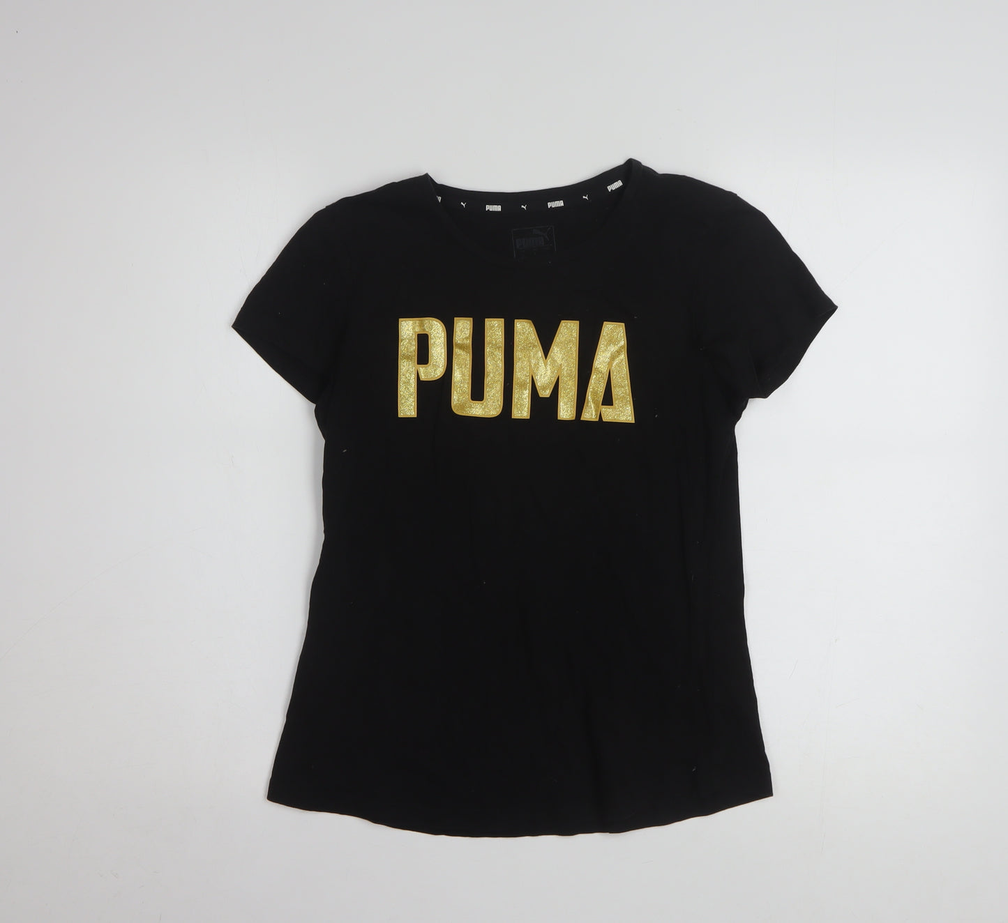 Puma Womens Black Gold Logo T-Shirt Small Short Sleeve Cotton