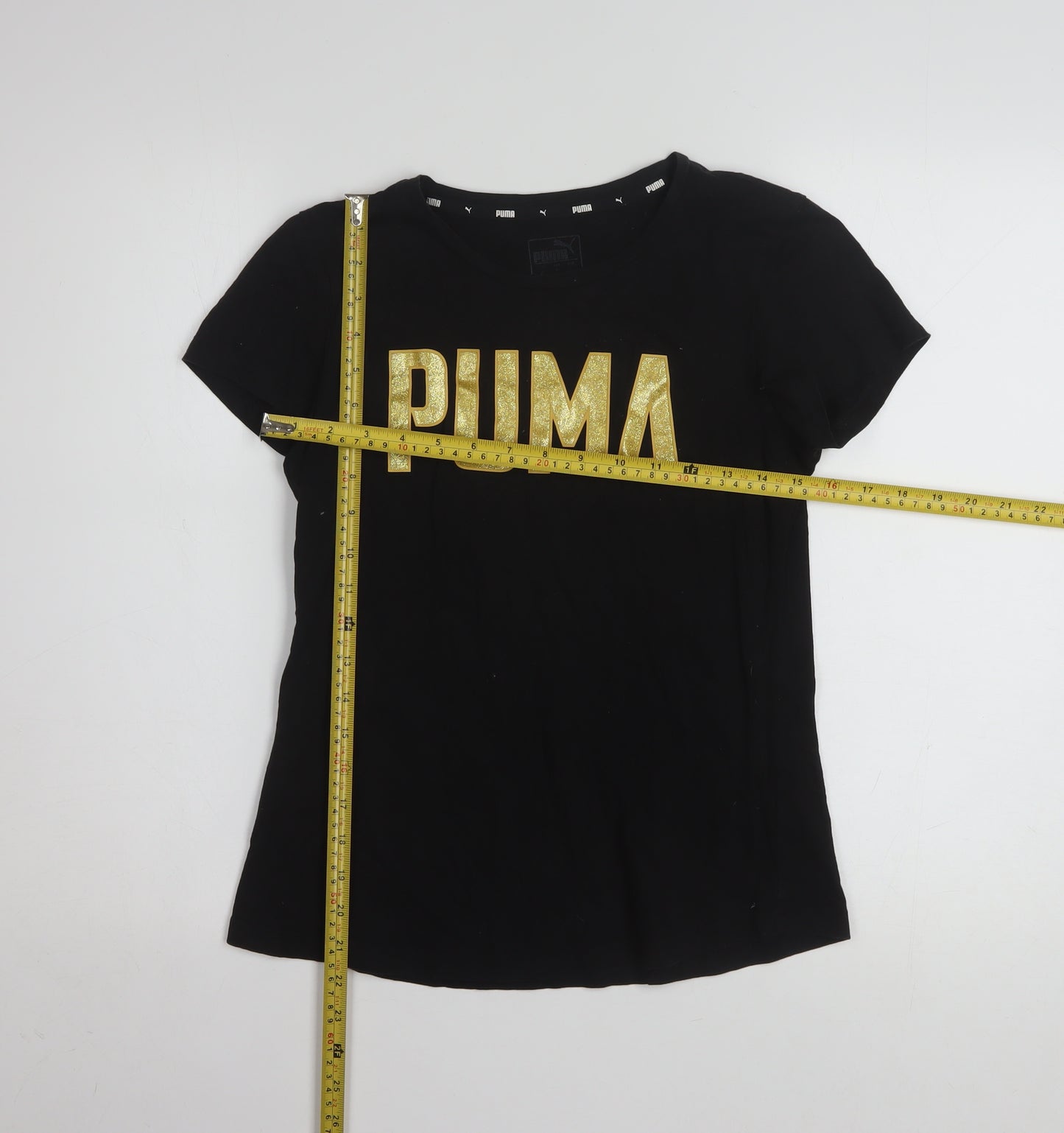 Puma Womens Black Gold Logo T-Shirt Small Short Sleeve Cotton