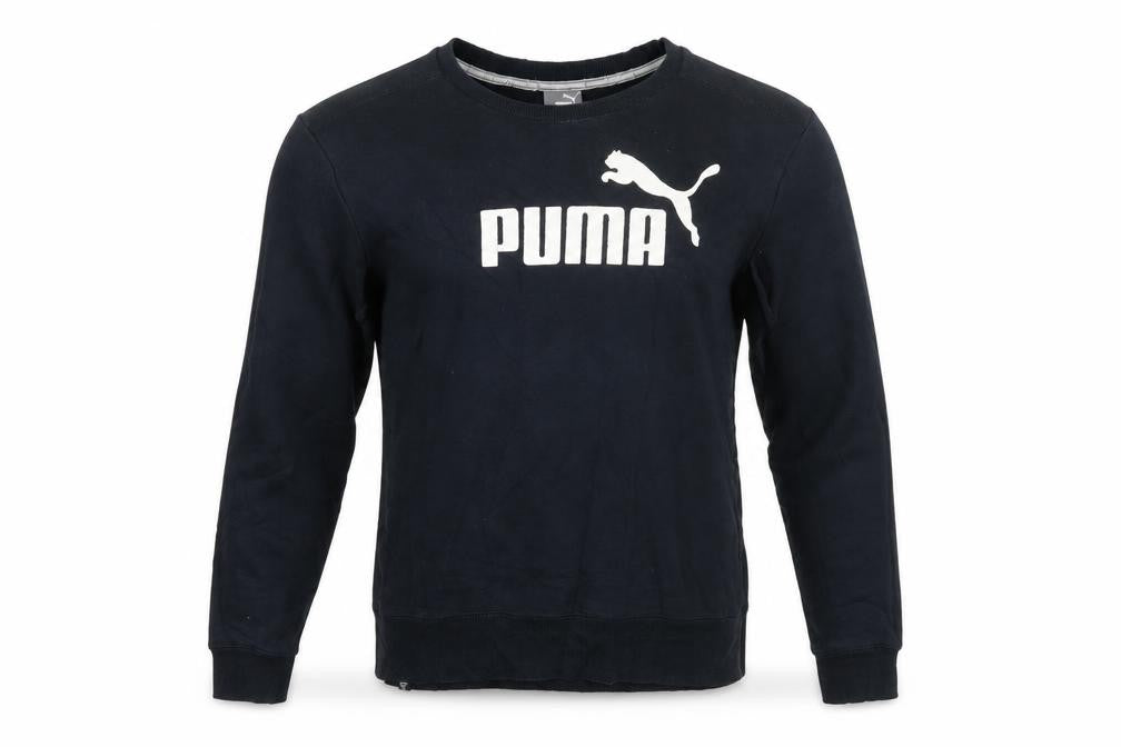 Front view of Puma men’s black crew neck logo sweatshirt, size S