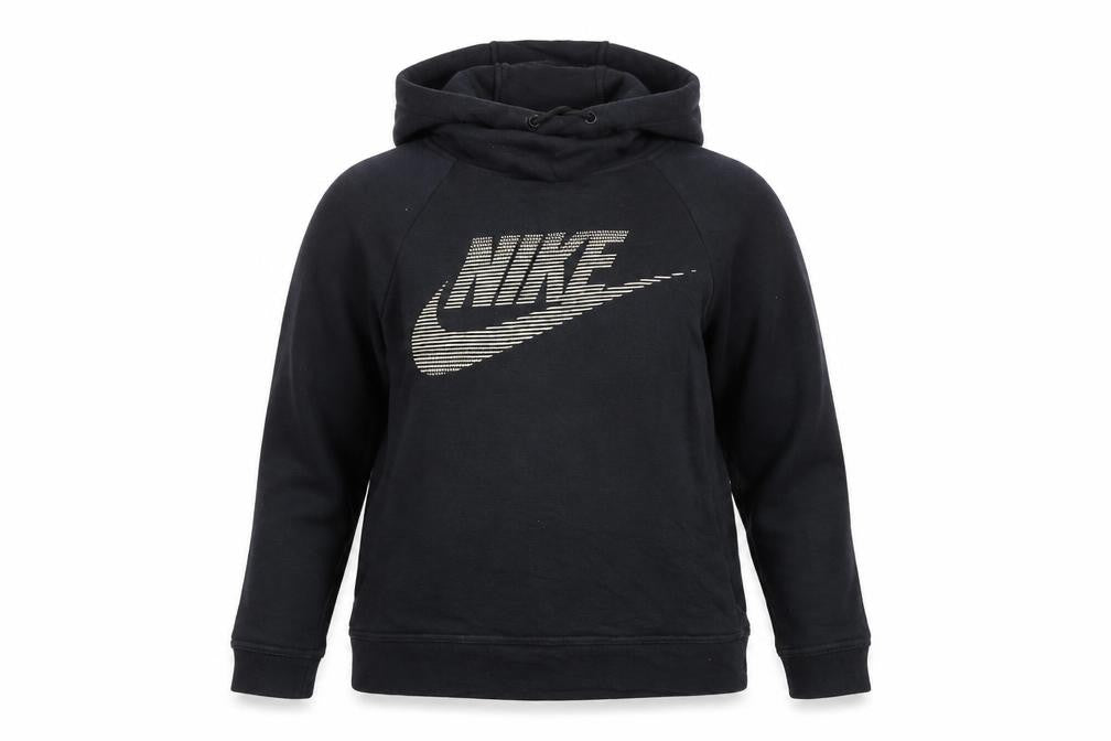 Front view of Nike women’s black xs pullover hoodie with logo print