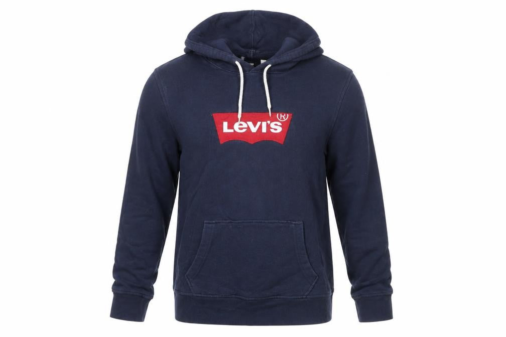 Front view of Levi's Men's Blue Pullover Hoodie S Logo Graphic Cotton Sweatshirt