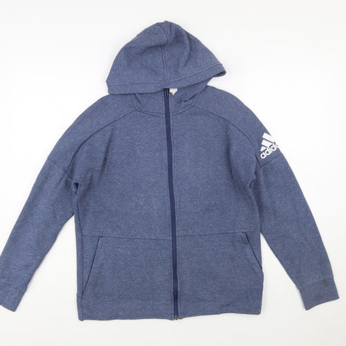 Adidas Boys Blue Full Zip Hoodie Size 13-14 Years Cotton Blend Sportswear