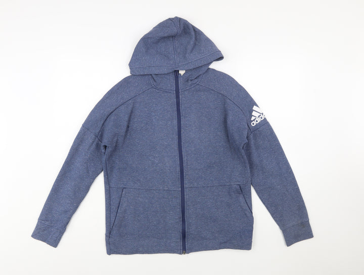 Adidas Boys Blue Full Zip Hoodie Size 13-14 Years Cotton Blend Sportswear