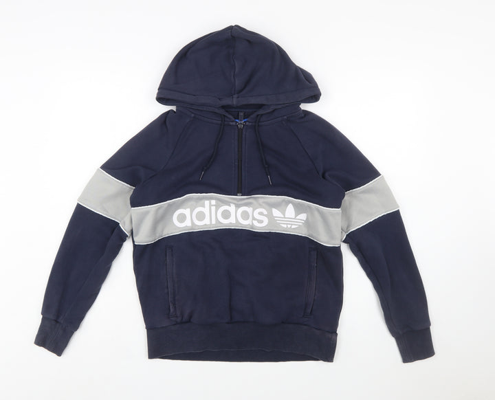 Adidas Women Navy & Grey 1/2 Zip Hoodie UK 8 Cotton Blend Classic