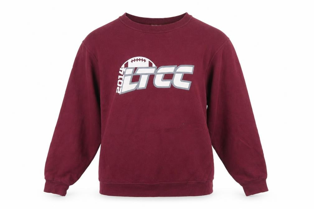Front view of Jerzees women’s burgundy ltcc 2014 graphic pullover sweatshirt, size S