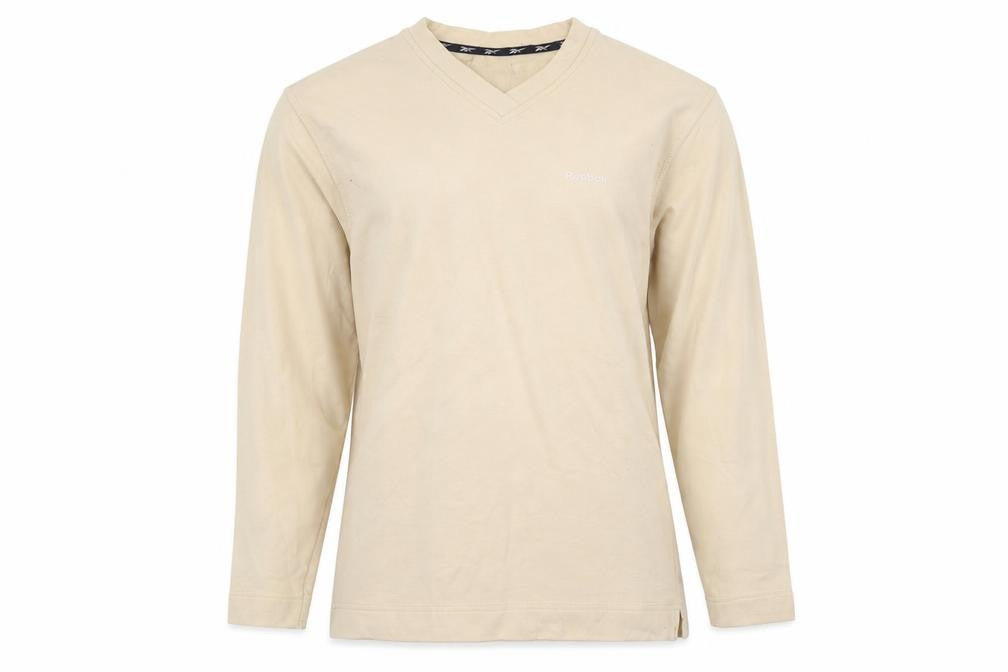 Front view of Reebok Women's Beige V-Neck Pullover Sweatshirt, size S