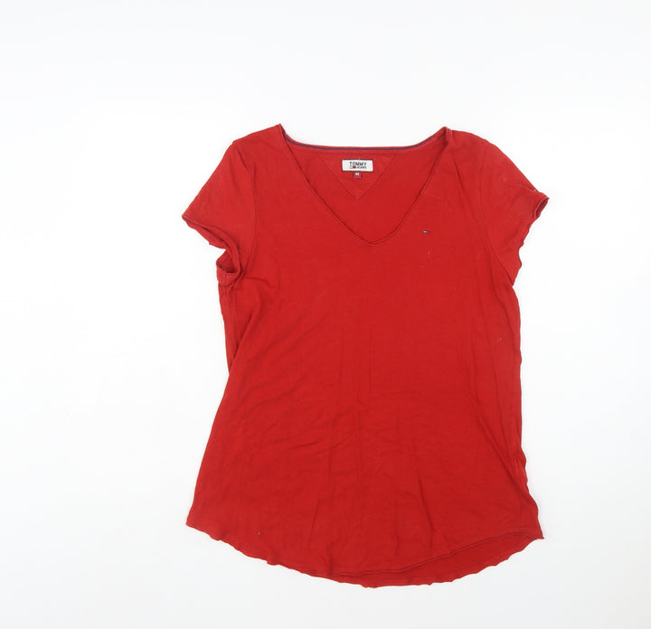 Tommy Jeans Women's Red V-Neck Cotton T-Shirt Size M