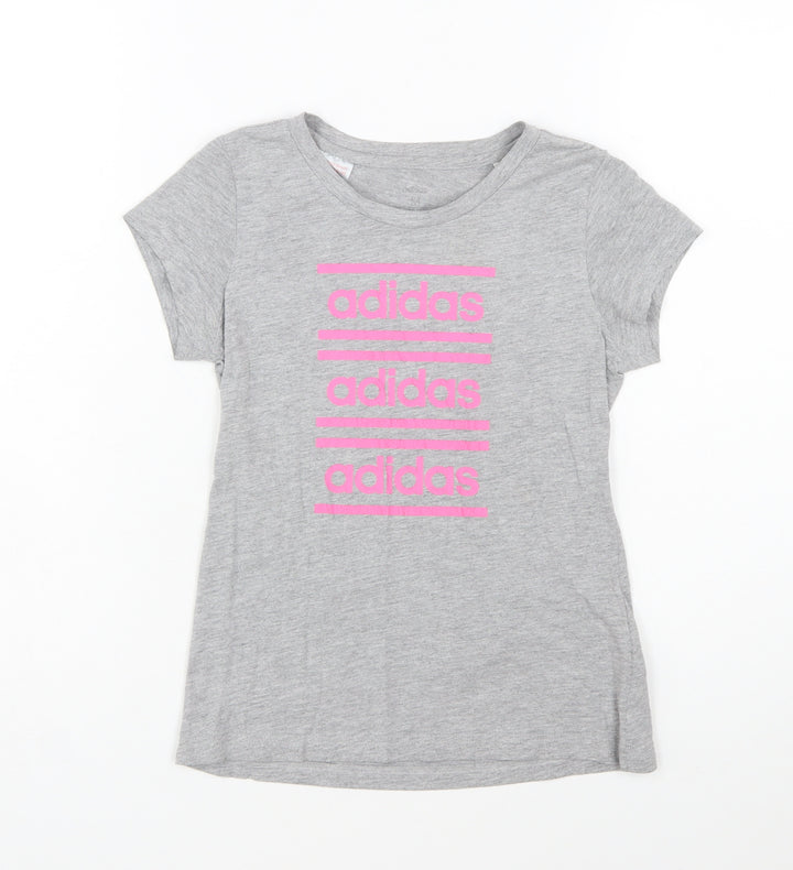 adidas Girls Grey Logo Short Sleeve T-Shirt Size M Lightweight Active Top