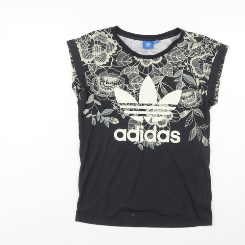 Adidas Women's Black Floral T-Shirt Size 6 Crew Neck Casual Top