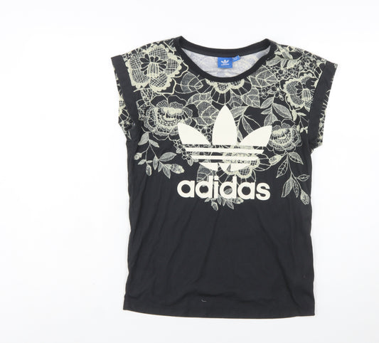 Adidas Women's Black Floral T-Shirt Size 6 Crew Neck Casual Top