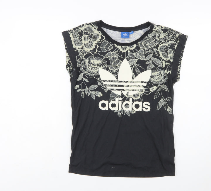Adidas Women's Black Floral T-Shirt Size 6 Crew Neck Casual Top