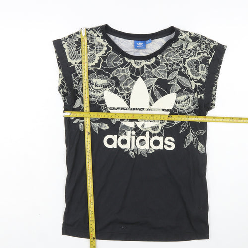 Adidas Women's Black Floral T-Shirt Size 6 Crew Neck Casual Top