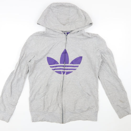 Adidas Women Grey Full Zip Hoodie with Purple Logo Size M