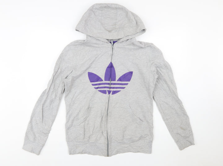 Adidas Women Grey Full Zip Hoodie with Purple Logo Size M