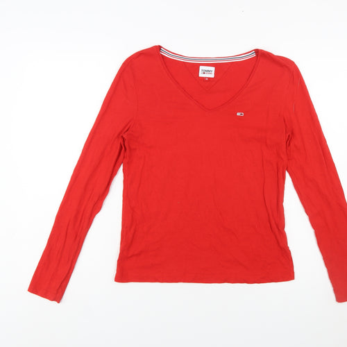 Tommy Jeans Women's Red Cotton V-Neck Long Sleeve T-Shirt XS