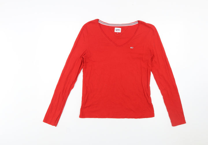 Tommy Jeans Women's Red Cotton V-Neck Long Sleeve T-Shirt XS