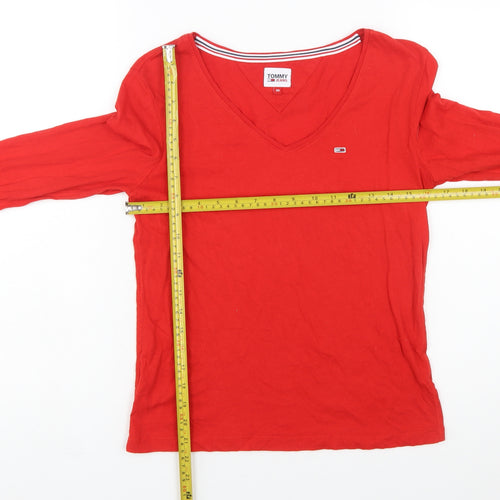 Tommy Jeans Women's Red Cotton V-Neck Long Sleeve T-Shirt XS