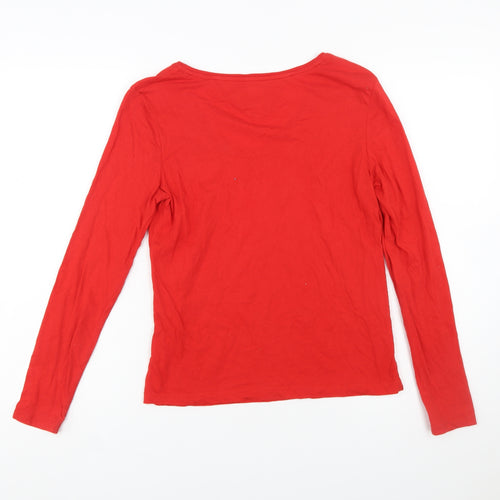 Tommy Jeans Women's Red Cotton V-Neck Long Sleeve T-Shirt XS