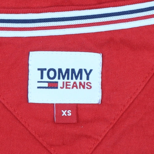 Tommy Jeans Women's Red Cotton V-Neck Long Sleeve T-Shirt XS