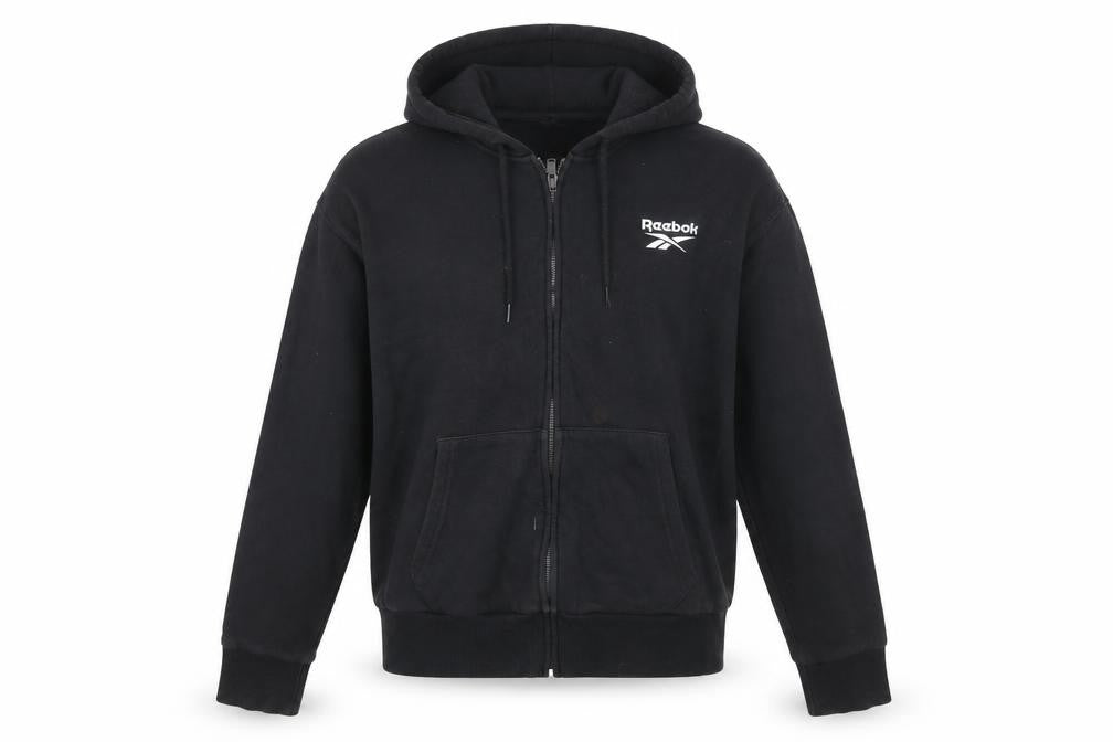 Front view of Reebok women’s black full zip hoodie medium hooded sweatshirt