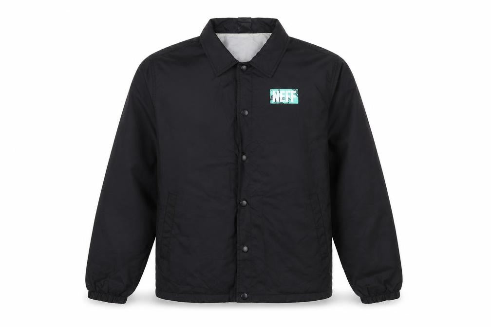 Front view of Neff Disney Men's Black L Coach Jacket Collared Lightweight Nylon