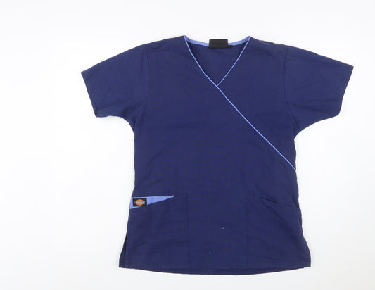 Dickies Women Blue Wrap V-Neck Short Sleeve Workwear Blouse XS