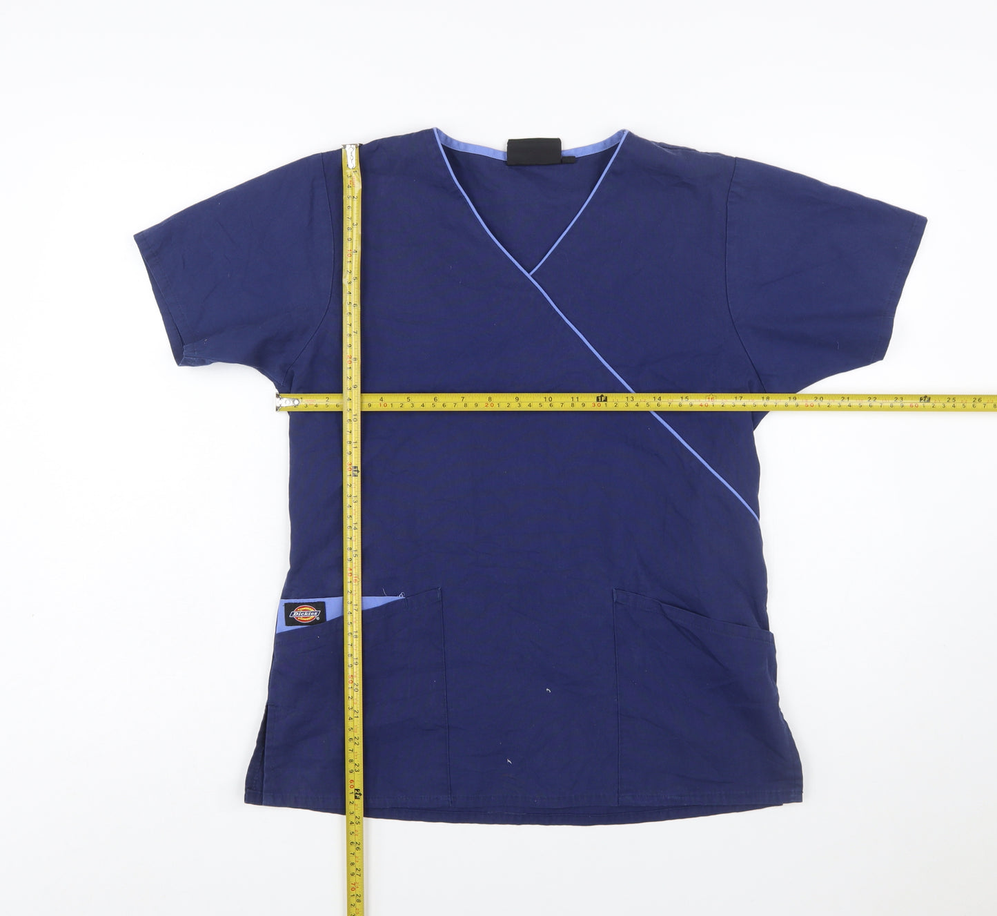 Dickies Women Blue Wrap V-Neck Short Sleeve Workwear Blouse XS