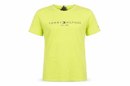 Front view of Tommy Hilfiger boys’ yellow organic cotton logo t-shirt, size 164