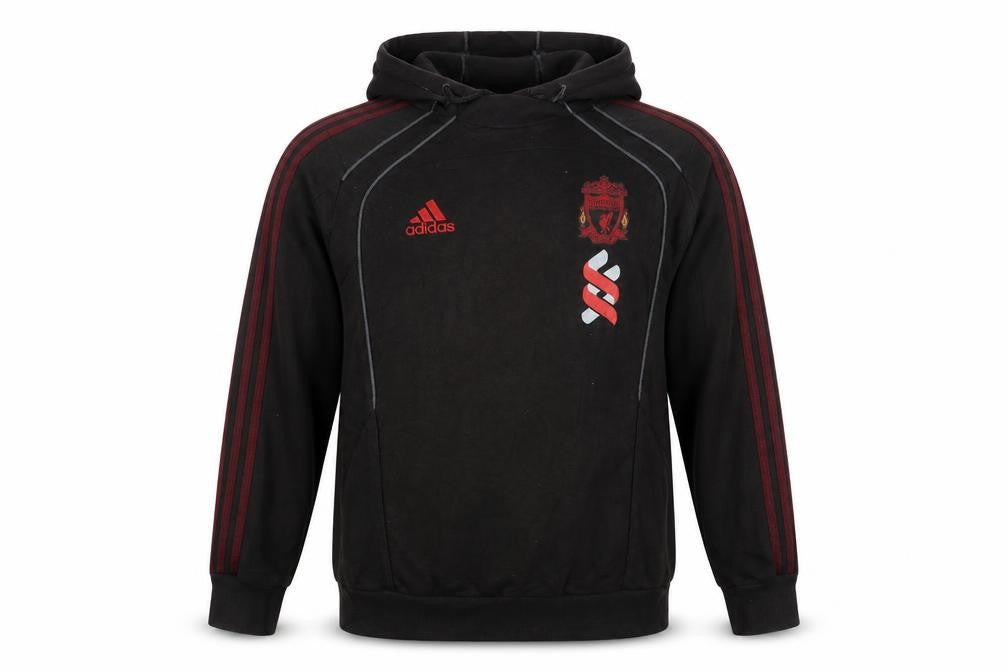 Front view of Adidas Men’s Black Liverpool FC Logo Pullover Hoodie, size L