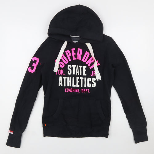 Superdry Women Black Hoodie Small Pullover Athletic Print
