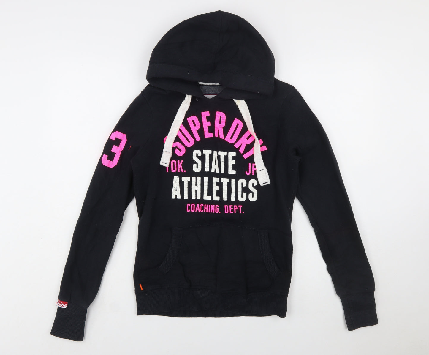 Superdry Women Black Hoodie Small Pullover Athletic Print