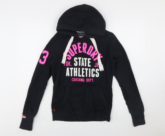 Superdry Women Black Hoodie Small Pullover Athletic Print