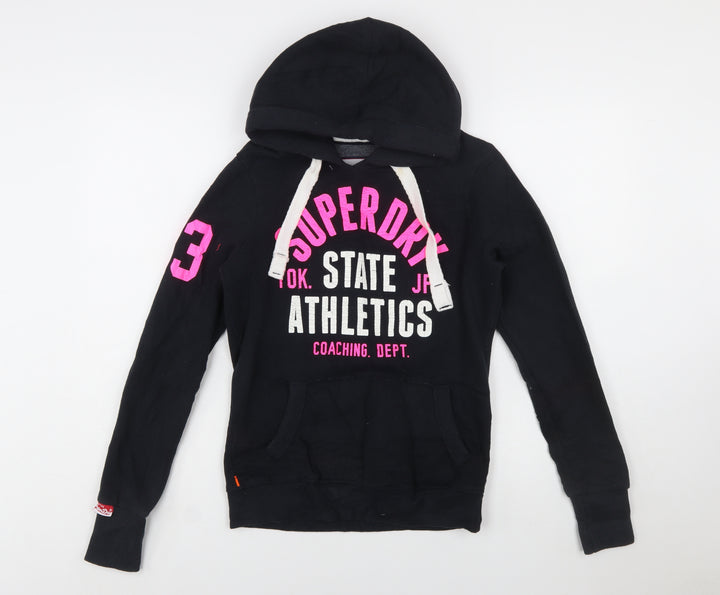 Superdry Women Black Hoodie Small Pullover Athletic Print