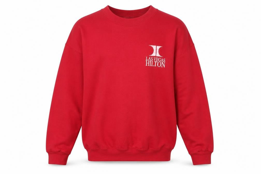 Front view of Lee men’s red las vegas hilton logo pullover sweatshirt l