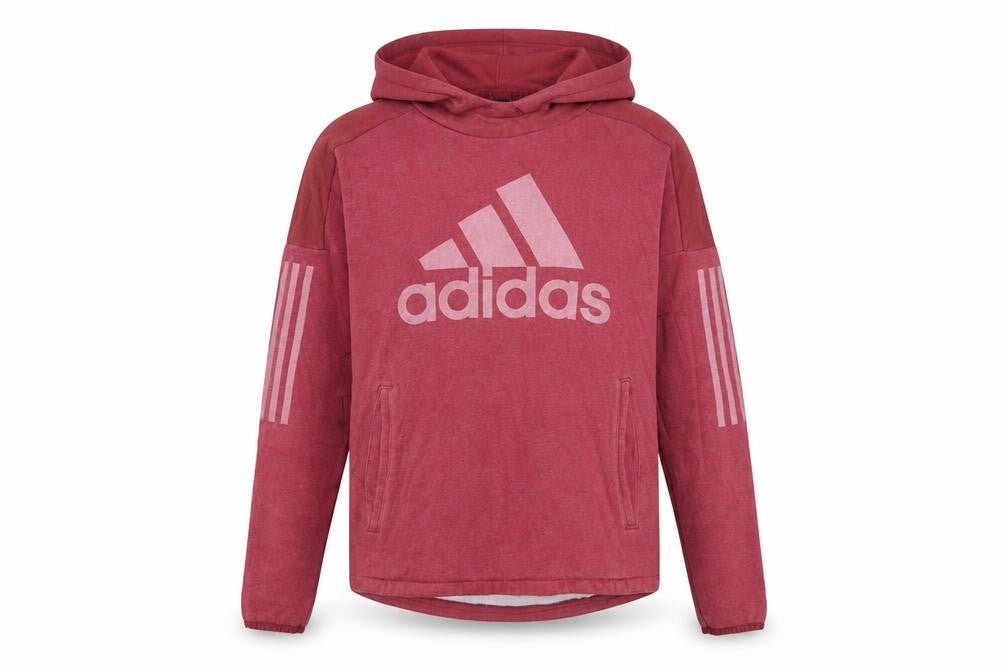 Front view of Adidas women’s red pullover hoodie, size S, with logo print