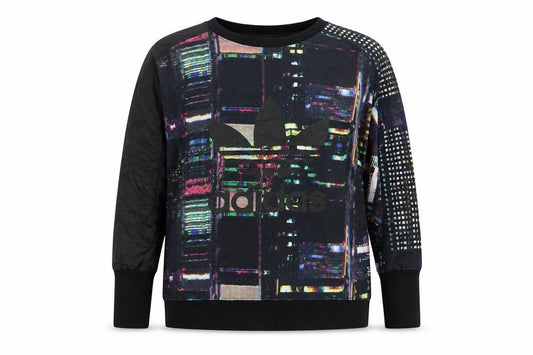 Front view of Adidas Women’s Black Multicoloured Pullover Sweatshirt, size UK 10, Graphic Print