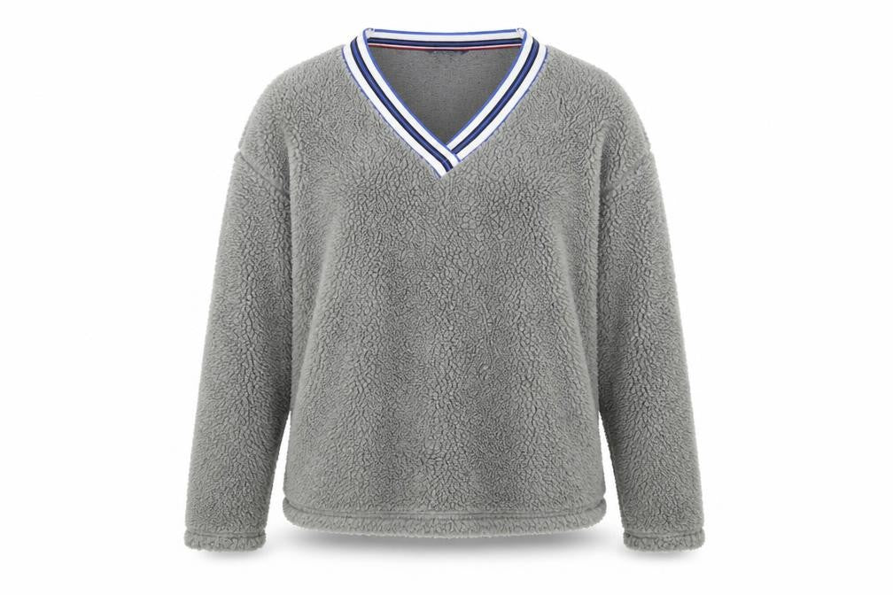 Front view of Tommy Hilfiger women’s grey fleece pullover sweatshirt, size L