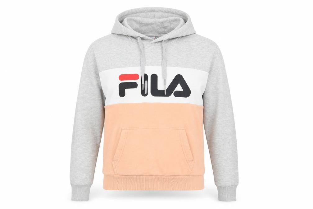 Front view of Fila women’s grey peach colourblock pullover hoodie xs