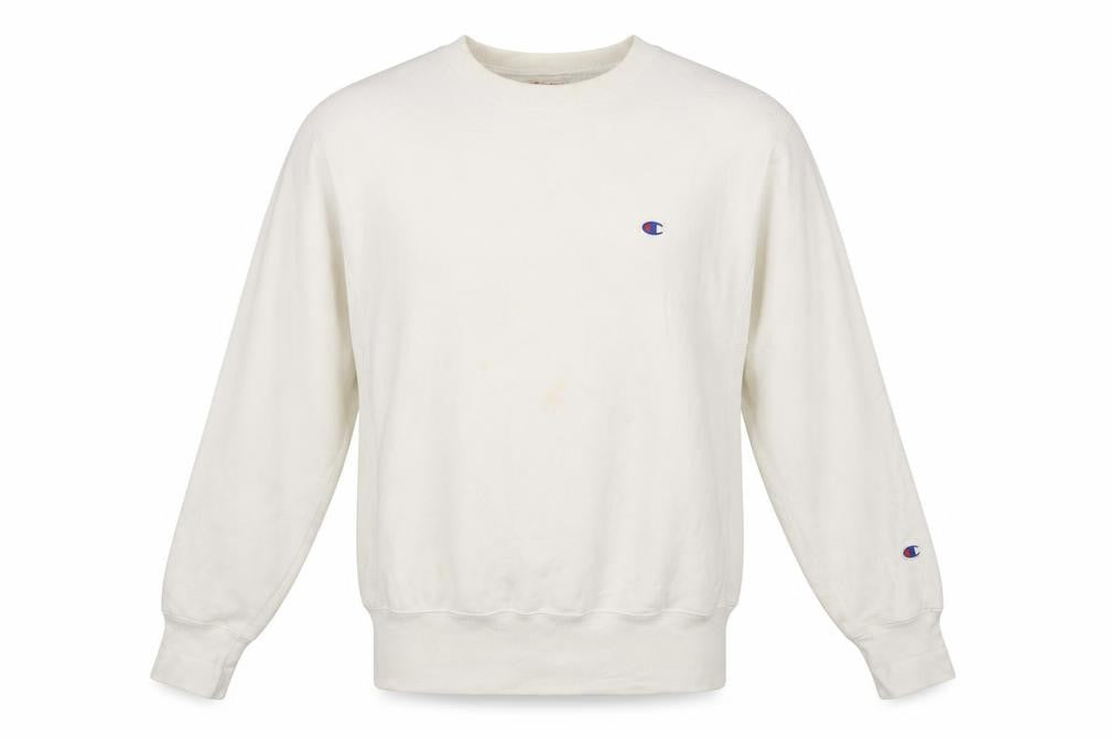 Front view of Champion Men's White Small Reverse Weave Crew Neck Sweatshirt