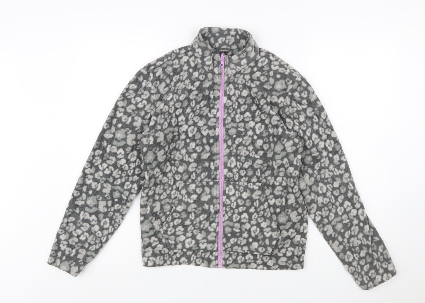 Eddie Bauer Girls Grey Animal Print Fleece Full Zip Jacket Size 14-15 Years