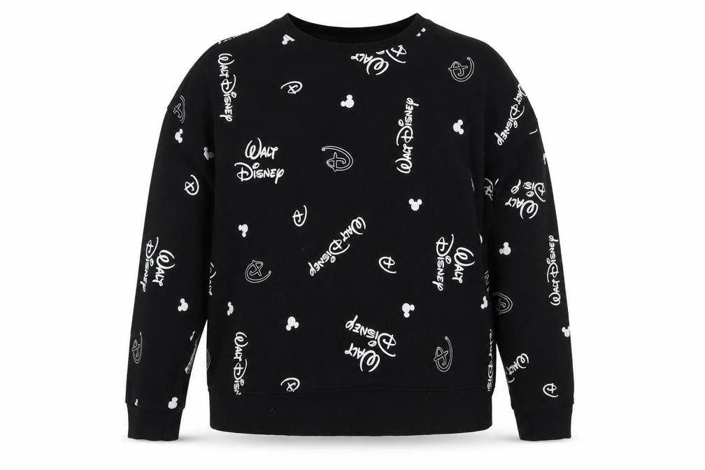 Front view of Disney women’s black sweatshirt l logo print pullover primark cares